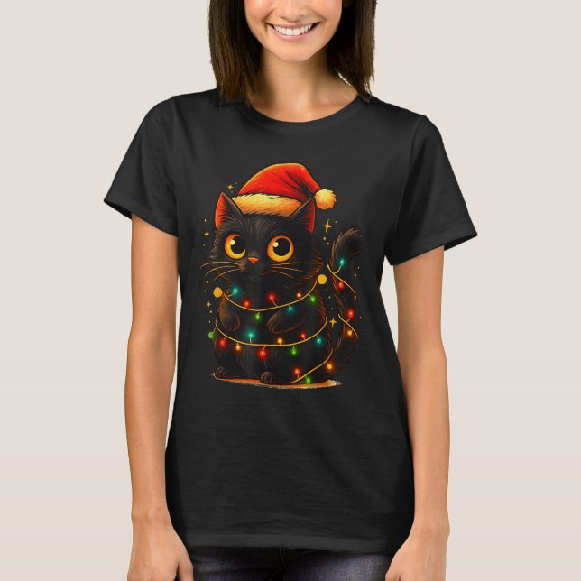 Cat Black Christmas Tree Lights Funny Santa Kitten T Shirt (Framsida)