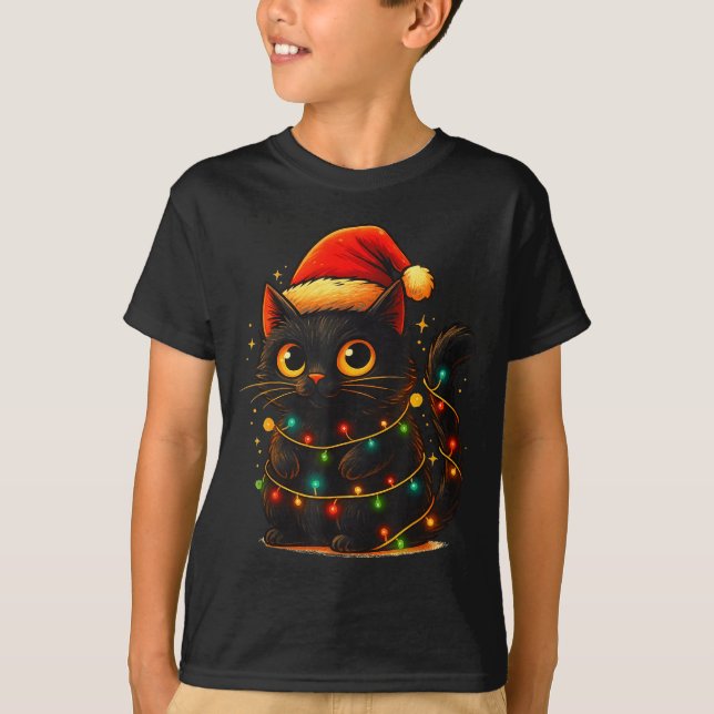 Cat Black Christmas Tree Lights Funny Santa Kitten T Shirt (Framsida)