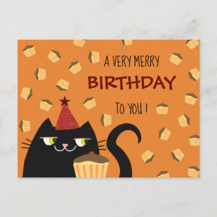 Cat Black Cute Birthday Cake Vibrant Färg Modern Helg Vykort