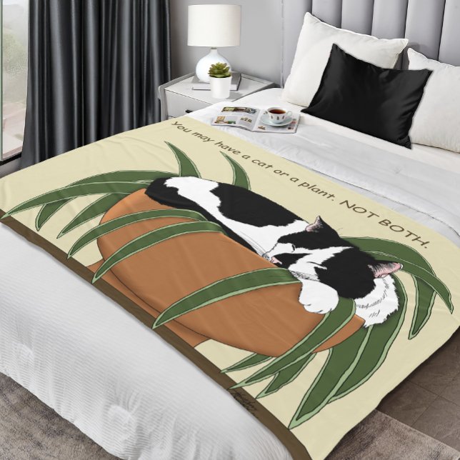 Cat Black White Plant Funny Fleecefilt (Skapare uppladdad)