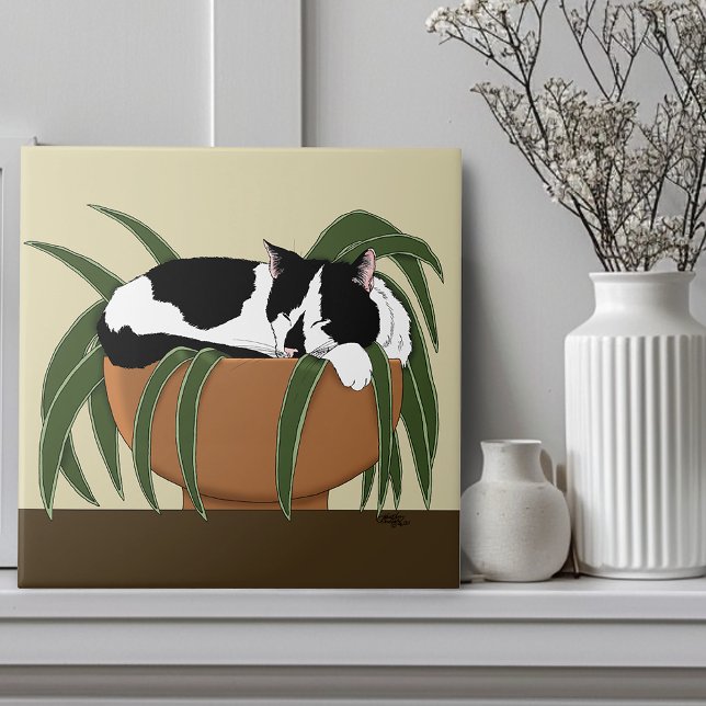 Cat Black White Plant Funny Kakelplatta (Skapare uppladdad)