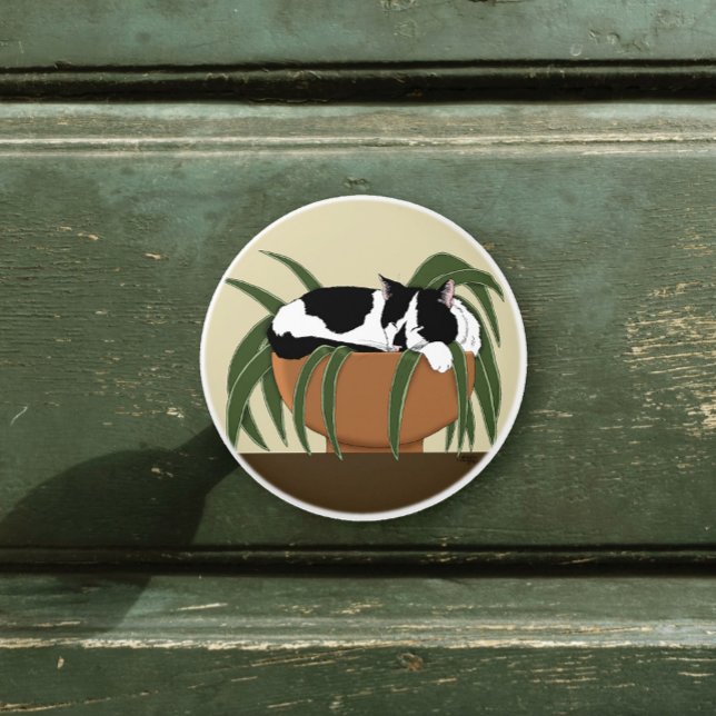 Cat Black White Plant Funny Knopp (Skapare uppladdad)
