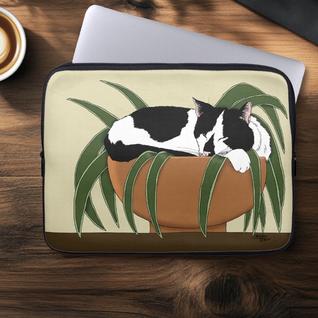 Cat Black White Plant Funny Laptop Fodral (Skapare uppladdad)