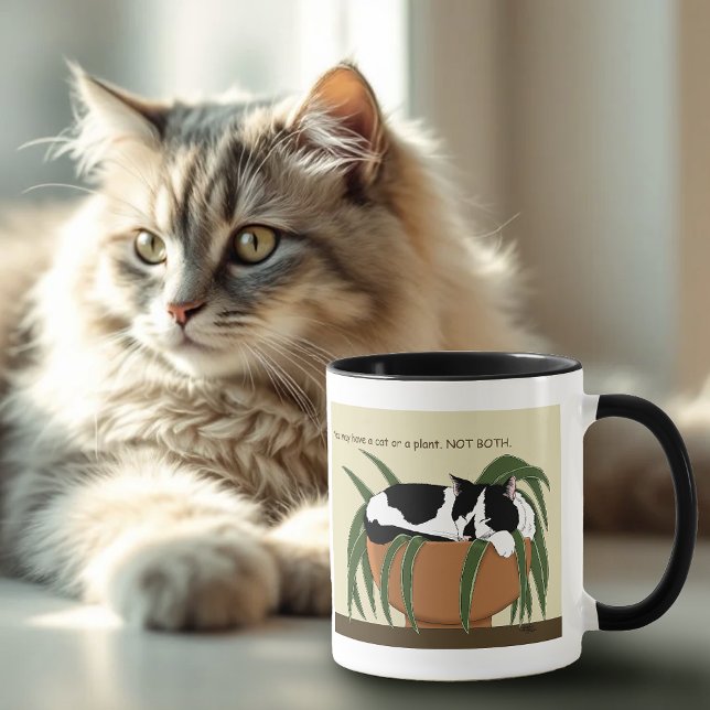 Cat Black White Plant Funny Mugg (Skapare uppladdad)
