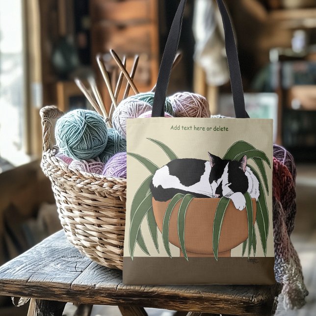 Cat Black White Plant Funny Tygkasse (Skapare uppladdad)