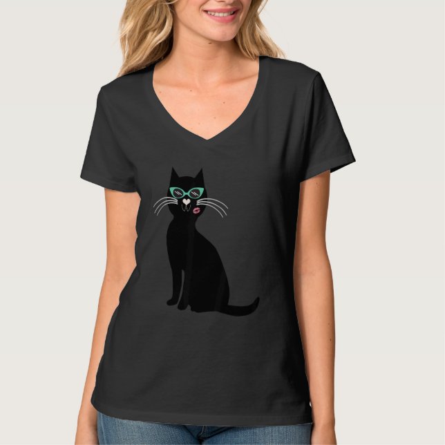 cat black with sunglasses t shirt (Framsida)