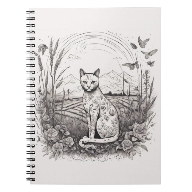 Cat Blommigt Black White Close Up Flowers Detailed Anteckningsbok (Framsidan)