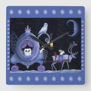 Cat Blue Carriage Winter Snowy Uggla White Hjort C Fyrkantig Klocka