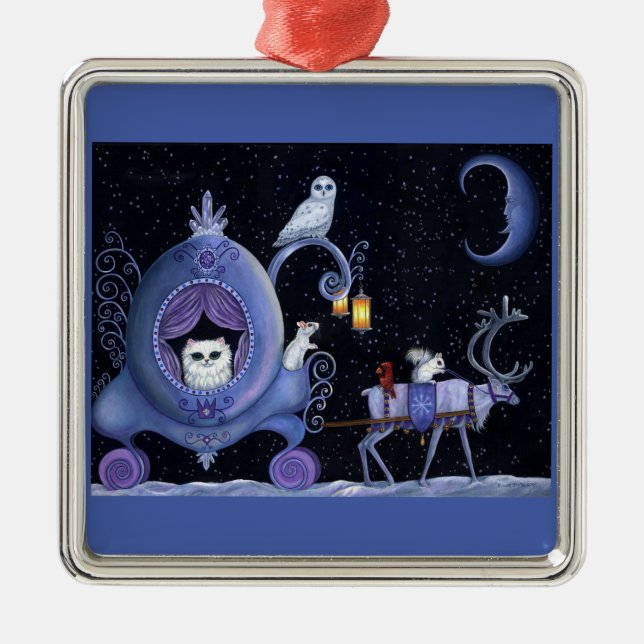 Cat Blue Carriage Winter Snowy Uggla White Hjort C Julgransprydnad Metall (Framsidan)