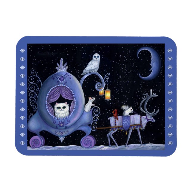 Cat Blue Carriage Winter Snowy Uggla White Hjort C Magnet (Horisontell)