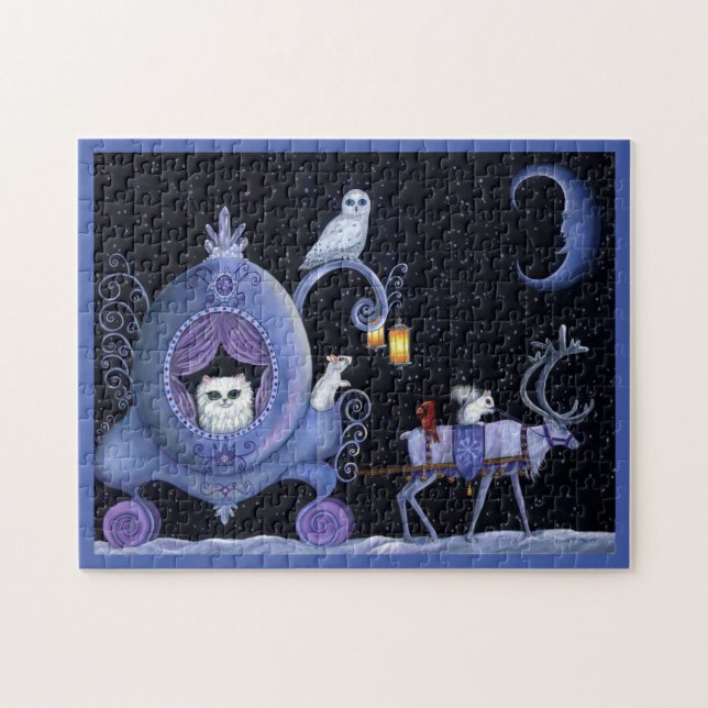 Cat Blue Carriage Winter Snowy Uggla White Hjort C Pussel (Horisontell)