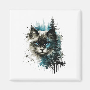 Cat Blue Ögon Cat Motif Art Forest Animal Cat Magnet
