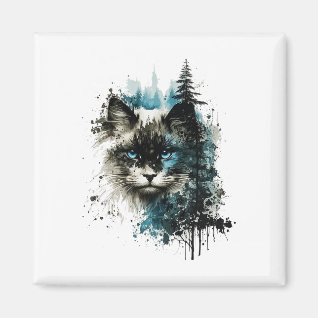 Cat Blue Ögon Cat Motif Art Forest Animal Cat Magnet (Framsidan)
