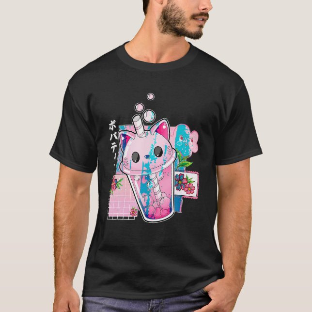 Cat Boba Anime Bubble Tea Neko Girls Kawaii Girls T Shirt (Framsida)