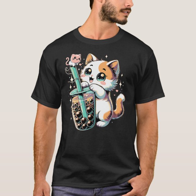 Cat Boba Japanese Kawaii Anime Kitty Bubble Tea Ne T Shirt (Framsida)