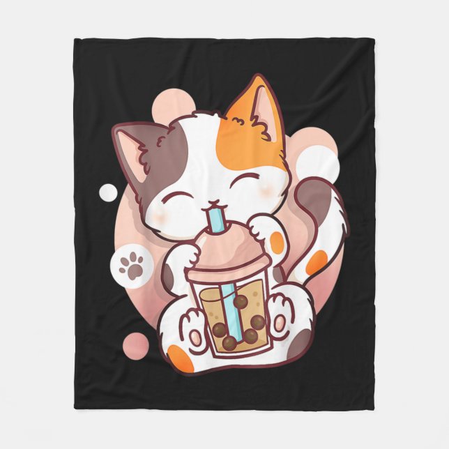 Cat Boba Tea Bubble Tea Anime Kawaii Neko Fleecefilt (Framsidan)