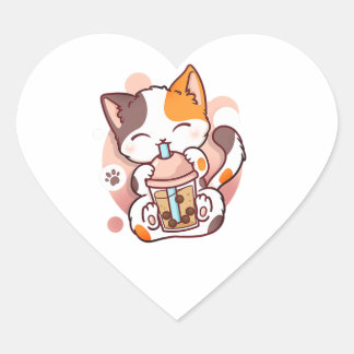 Cat Boba Tea Bubble Tea Anime Kawaii Neko for Girl Hjärtformat Klistermärke