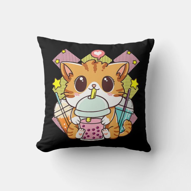 Cat Boba Tea Bubble Tea Anime Kawaii Neko for Girl Kudde (Framsida)