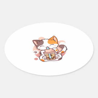 Cat Boba Tea Bubble Tea Anime Kawaii Neko for Girl Ovalt Klistermärke