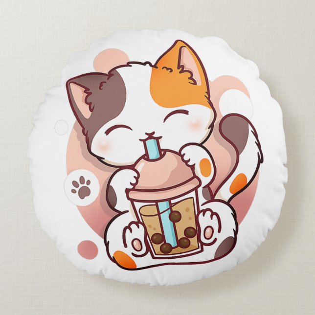 Cat Boba Tea Bubble Tea Anime Kawaii Neko for Girl Rund Kudde (Framsidan)
