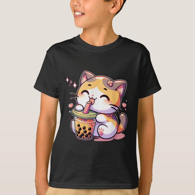 Cat Boba Tea Bubble Tea Anime Kawaii Neko Kids Tee (Framsida)
