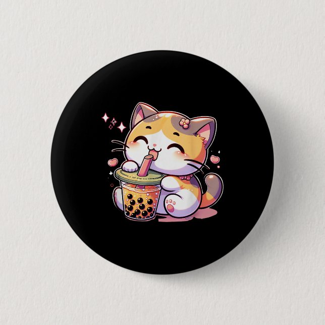 Cat Boba Tea Bubble Tea Anime Kawaii Neko Kids Tee Knapp (Framsida)