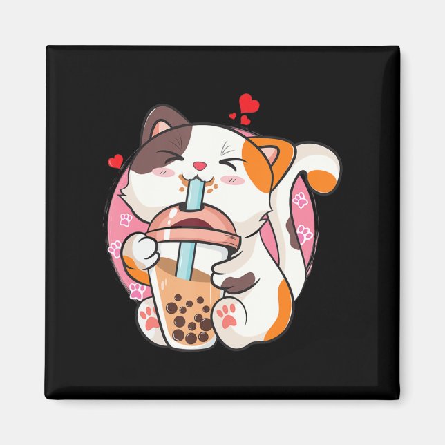 Cat Boba Tea Bubble Tea Anime Kawaii Neko Kids Tee Magnet (Framsidan)