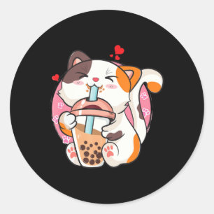 Cat Boba Tea Bubble Tea Anime Kawaii Neko Kids Tee Runt Klistermärke
