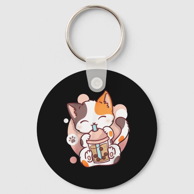 Cat Boba Tea Bubble Tea Anime Kawaii Neko Nyckelring (Framsida)