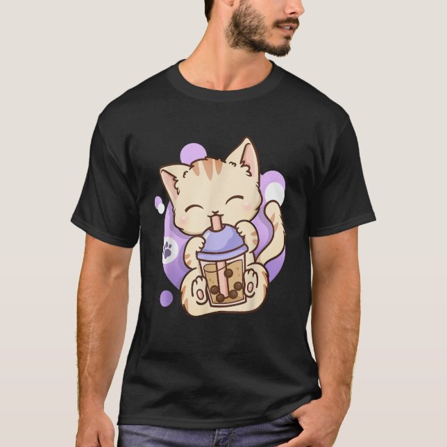Cat Boba Tea Bubble Tea Anime Kawaii Neko  T Shirt (Framsida)