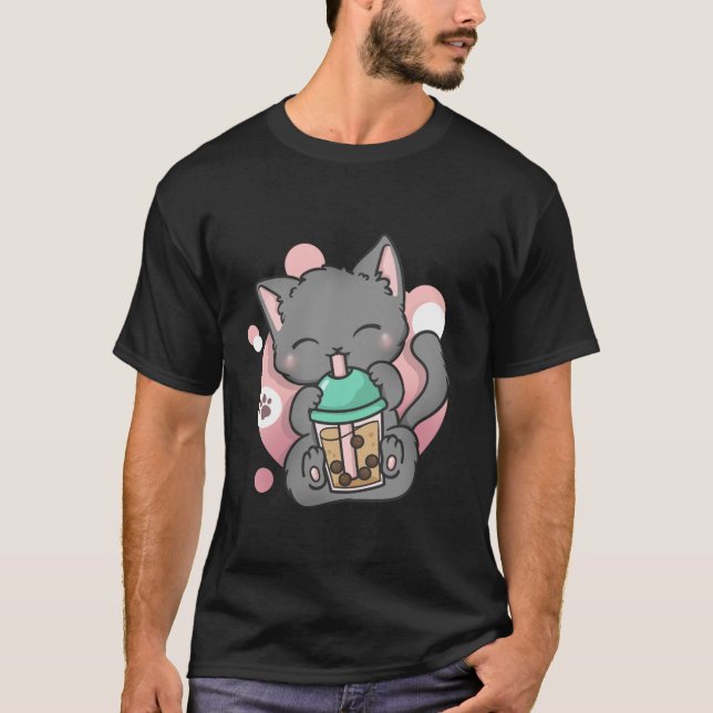Cat Boba Tea Bubble Tea Anime Kawaii Neko T Shirt (Framsida)