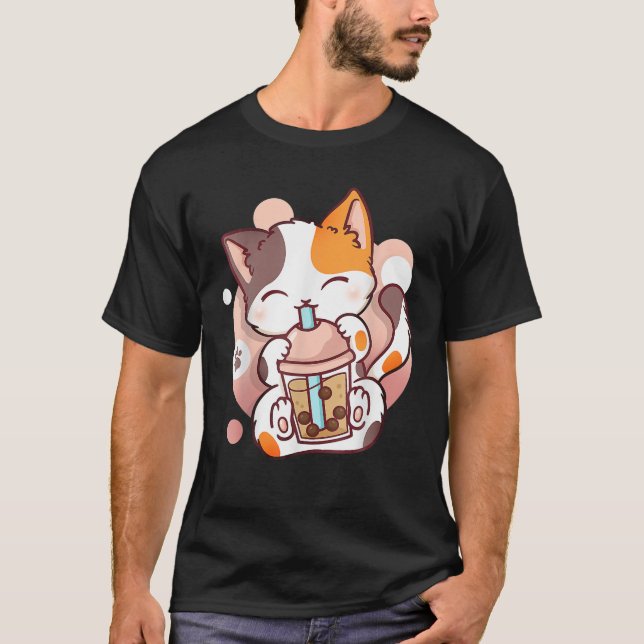 Cat Boba Tea Bubble Tea Anime Kawaii Neko T Shirt (Framsida)