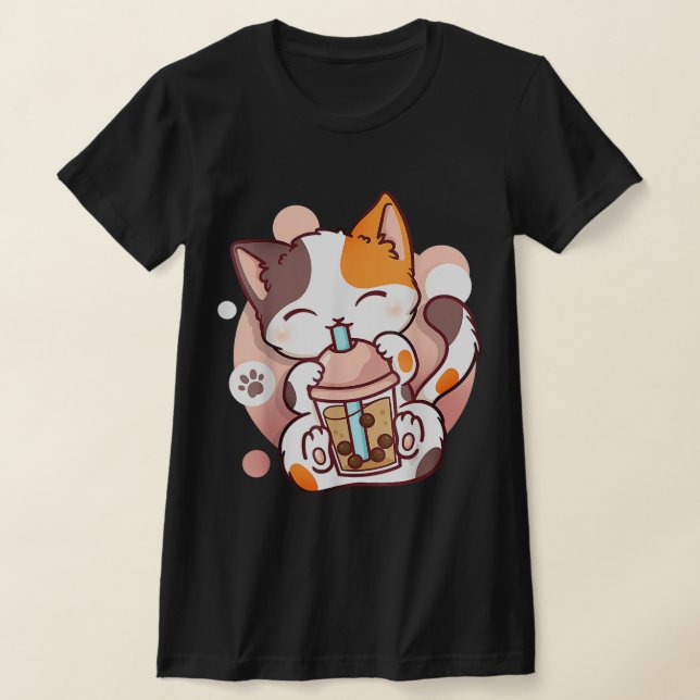 Cat Boba Tea Bubble Tea Anime Kawaii Neko T Shirt (Laydown)