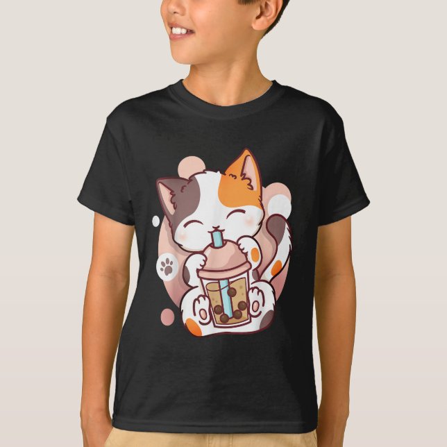 Cat Boba Tea Bubble Tea Anime Kawaii Neko T Shirt (Framsida)