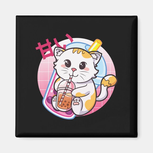 Cat Boba Tea Bubble Tea Cat Lover Anime Kawaii Nek Magnet (Framsidan)