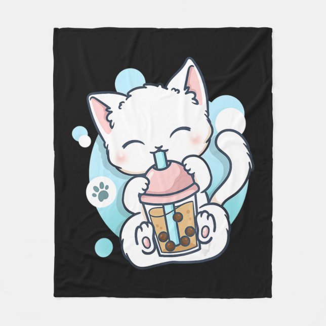Cat Boba Tea Bubble Tea Kawaii Anime Japansk Neko Fleecefilt (Framsidan)