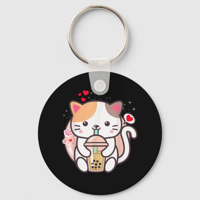 Cat Boba Tea Bubble Tea Kawaii Anime Japansk Neko Nyckelring (Framsida)