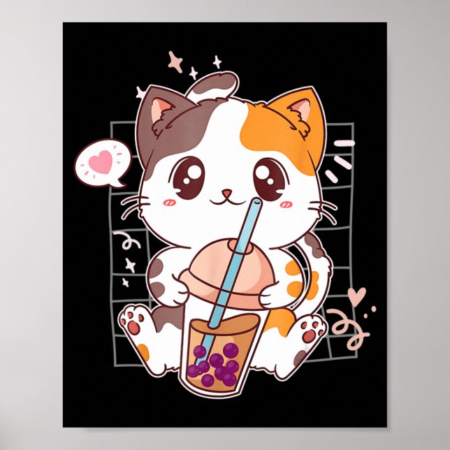 Cat Boba Tea Bubble Tea Kawaii Anime Japansk Neko Poster (Framsidan)