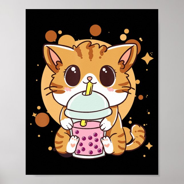 Cat Boba Tea Bubble Tea Kawaii Anime Japansk Neko Poster (Framsidan)
