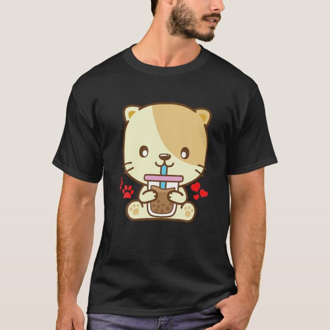 Cat Boba Tea Bubble Tea Kawaii Anime Japansk Neko T Shirt (Framsida)