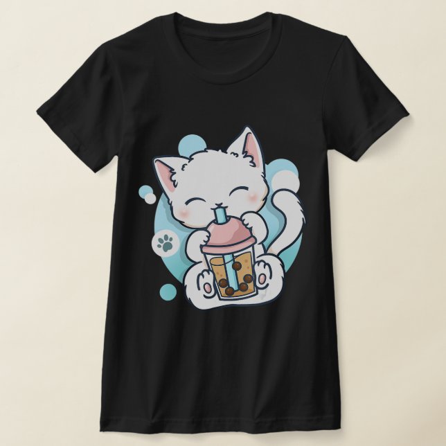 Cat Boba Tea Bubble Tea Kawaii Anime Japansk Neko T Shirt (Laydown)