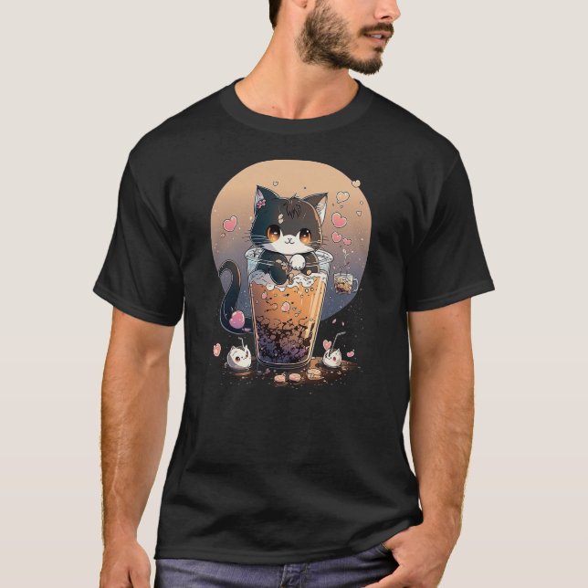 Cat Boba Tea kawaii Kitty Bubble Tea Anime T Shirt (Framsida)