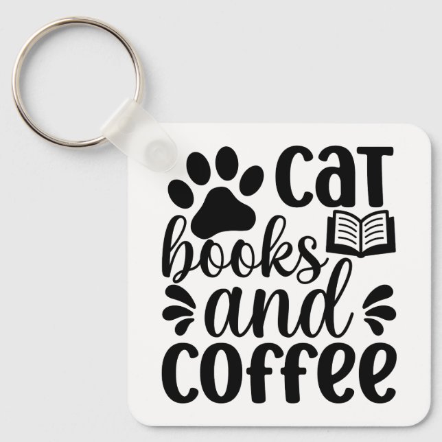"Cat Books and Coffee" Cute Typography Nyckelring (Framsida)