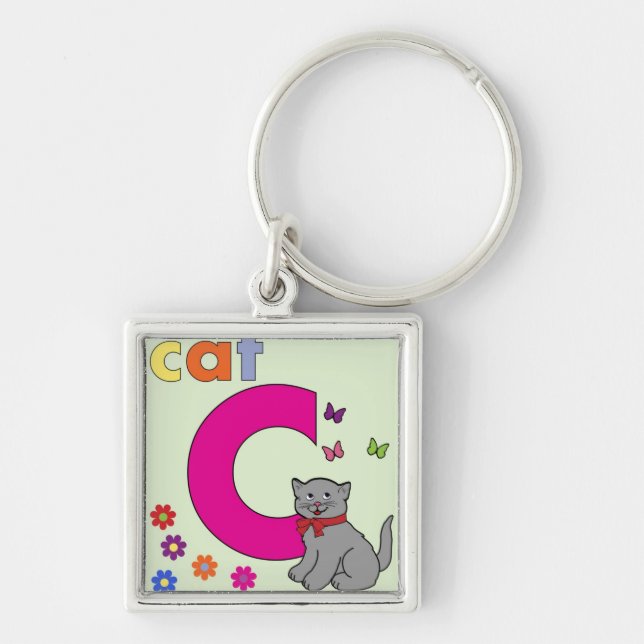 Cat Brev C Fyrkantig Silverfärgad Nyckelring (Framsidan)
