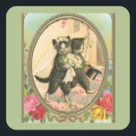 Cat Bride and Groom Wedding Day Fyrkantigt Klistermärke<br><div class="desc">Vintage image of Bride and Groom cats complete with bouquet,  veil and top hat. A sweet vintage image to share.</div>
