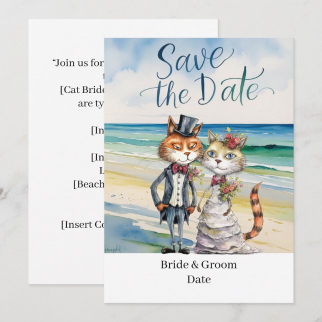 Cat Bröllop Beach Wedding Théed Inbjudningar (Fram/baksida)