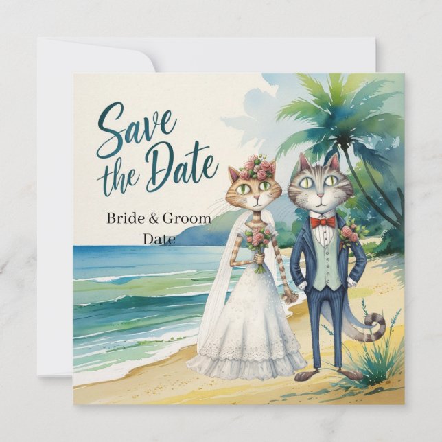 Cat Bröllop Beach Wedding Théed Spara Datumet (Framsida)