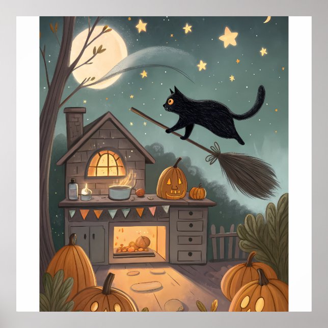 Cat & Broom Duo | Magisk Halloween-natt Poster (Framsidan)