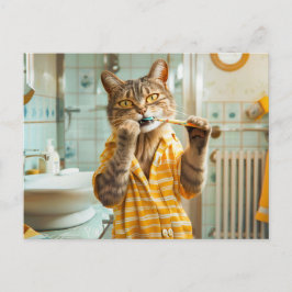 Cat brushing teeth in striped pajamas bathroom helg vykort