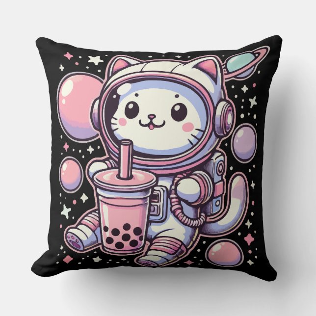 Cat Bubble Boba Tea in Space Astronaut Anime Kudde (Framsida)